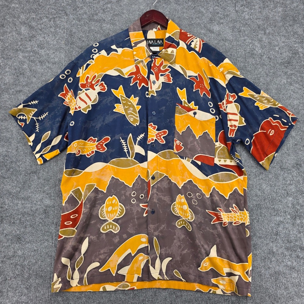 Java Lava Mens Large Fish Print Rayon Hawaiian Shirt Multi Color Short Sleeve